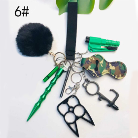 Self Defense Keychain Suit Personal Keychain For Girls Women Safety Key Ring With Hand Sanitizer Bottle Holder Pompom Whistle (Color: Green color 11piece set)