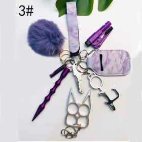 Self Defense Keychain Suit Personal Keychain For Girls Women Safety Key Ring With Hand Sanitizer Bottle Holder Pompom Whistle (Color: Purple color 11piece set)