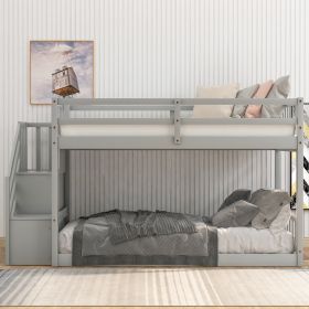 Twin over Twin Floor Bunk Bed;  Ladder with Storage (Color: Gray)